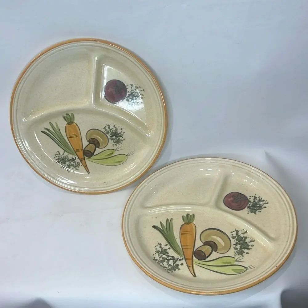 Los Angeles Potteries USA 3 Section Divided Plate Heavy Ceramic Set 2 Vegetables